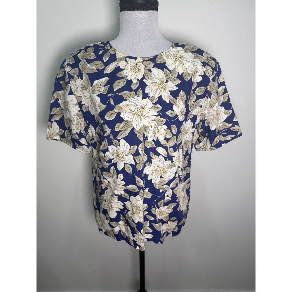 Pendleton Country Sophisticates Navy Blue Floral Rayon Blouse Petite 12 P952-440